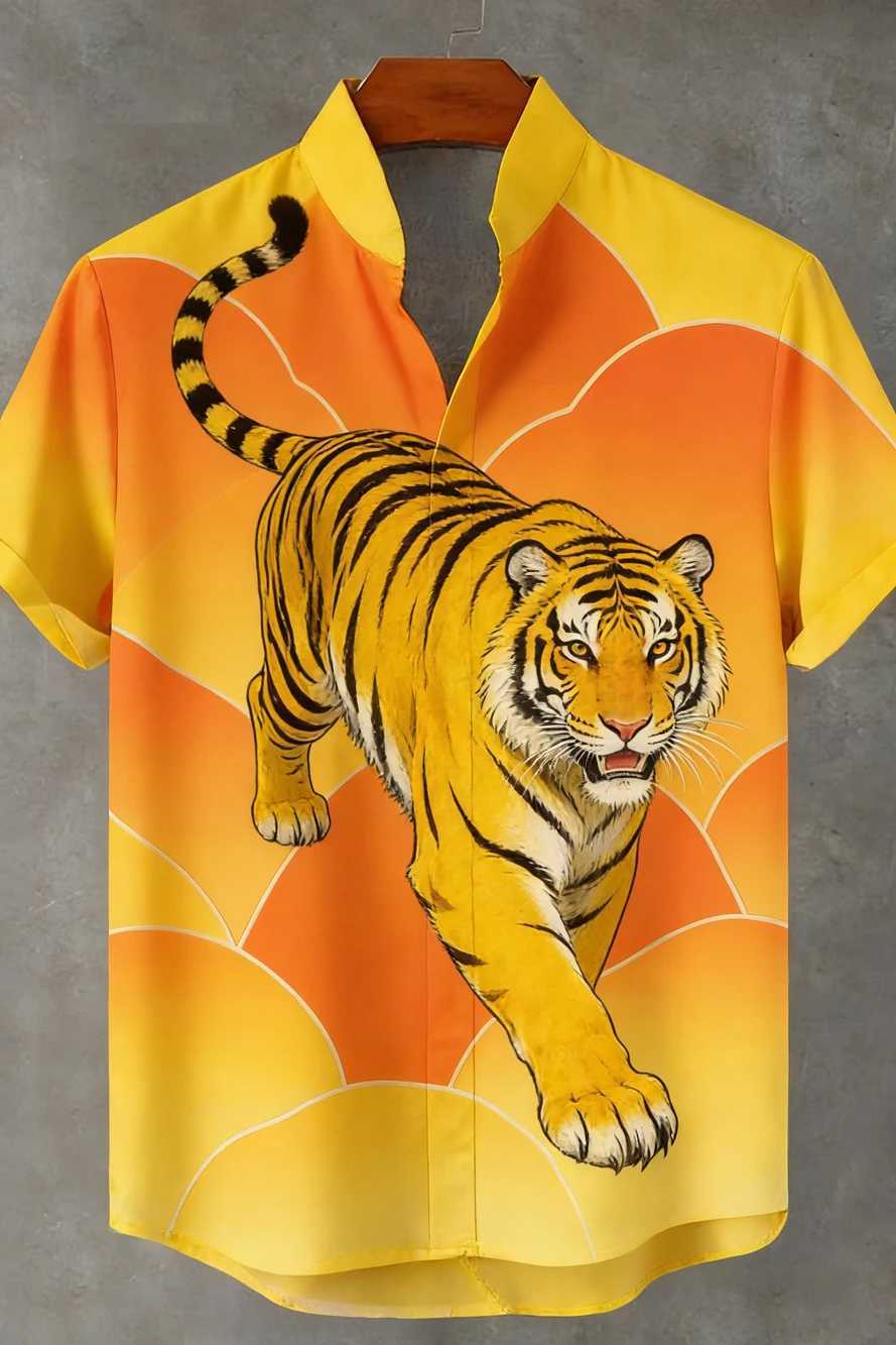 2026 Mens New Natural Tiger Phoenix Pattern 3D Printed Linen Casual Shirt Hawaiian Outdoor Activity Short-sleeved Clothing Men M260305