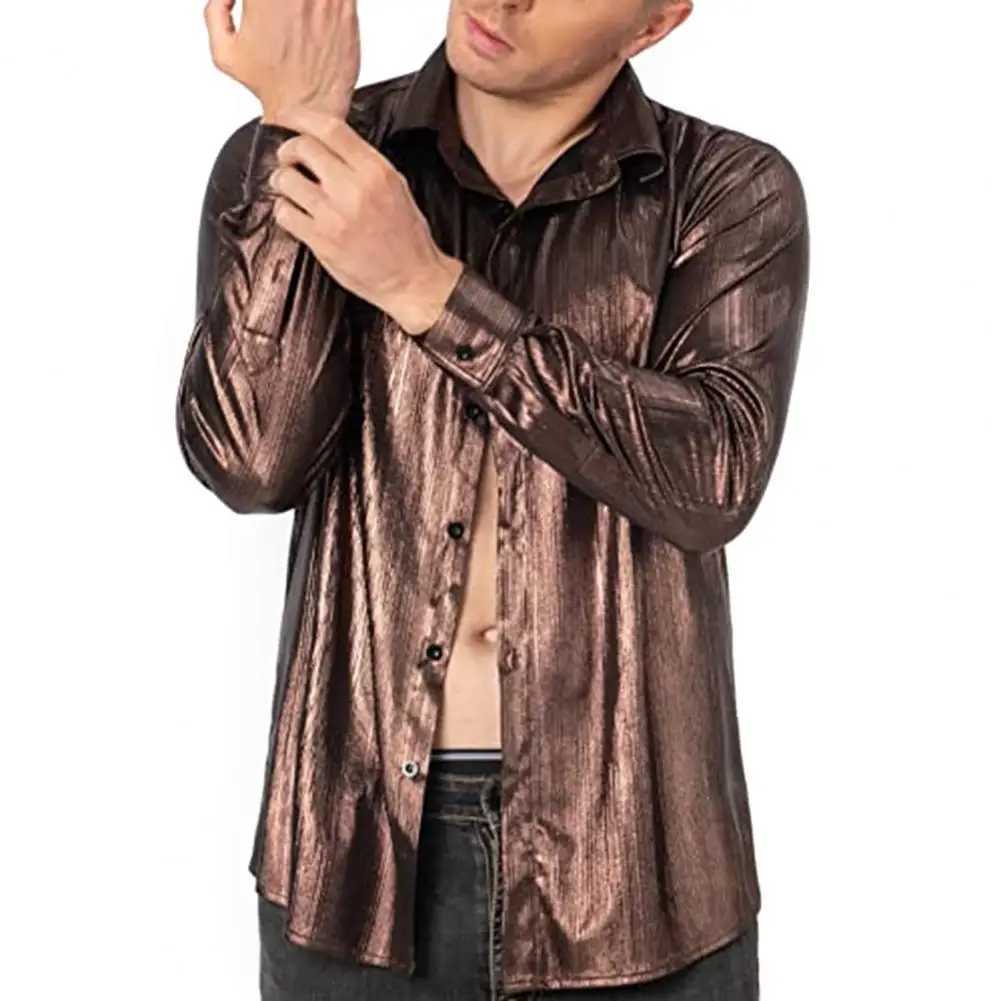 2025 Shirt Men Button Metallic Disco Shirt 70s Costume Men Gold Shirts For 70s Party Nightclub Wear Music Festival Mens Top M260305