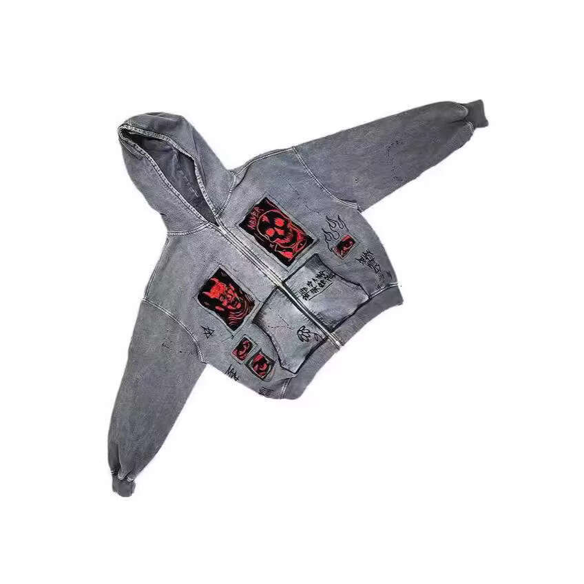 American Street Retro Y2K Unisex Demon Print Patch Heavy Loose Hooded Sweatshirt