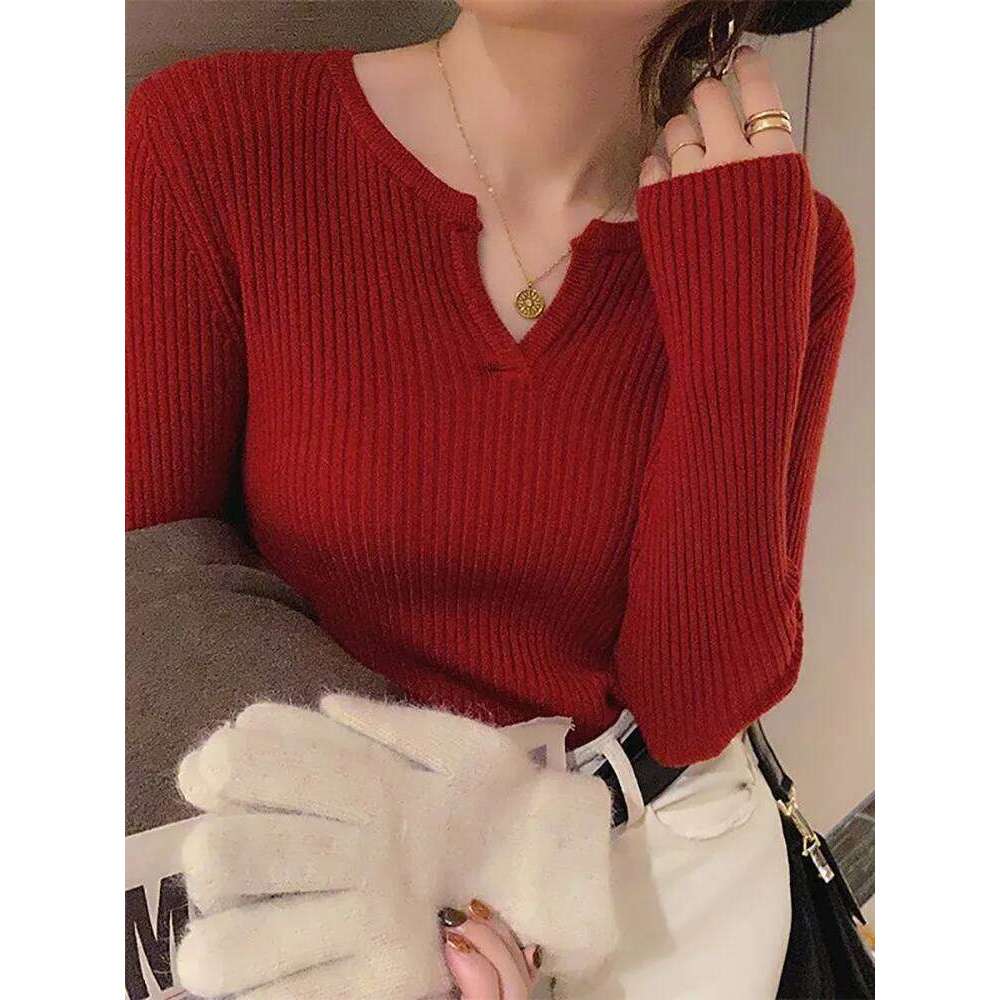 2025 Autumn Winter Women Sweater Solid Rib Knit V Neck Stripe Pull Femme Y2k Long Sleeve Pullover Jersey Tops Fashion Clothes XJ260305