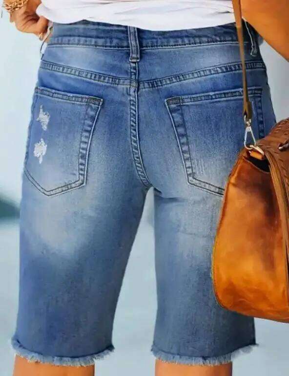 Slim Fit Women's Denim Shorts Summer New Style Fashionable Splicing Perforated and Brushed Design Low Waist Five Quarter Jeans XJ260305