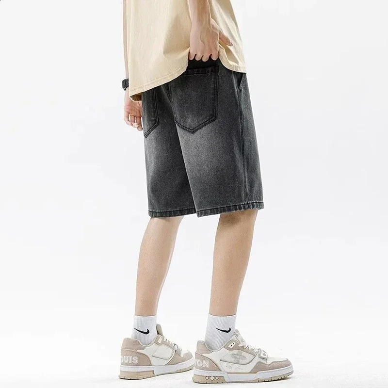 Men Casual Denim Shorts Male Comfortable Elastic Waist Straight Leg Soft Short Pants Light Blue Loose Baggy Wide Leg Jeans 260228