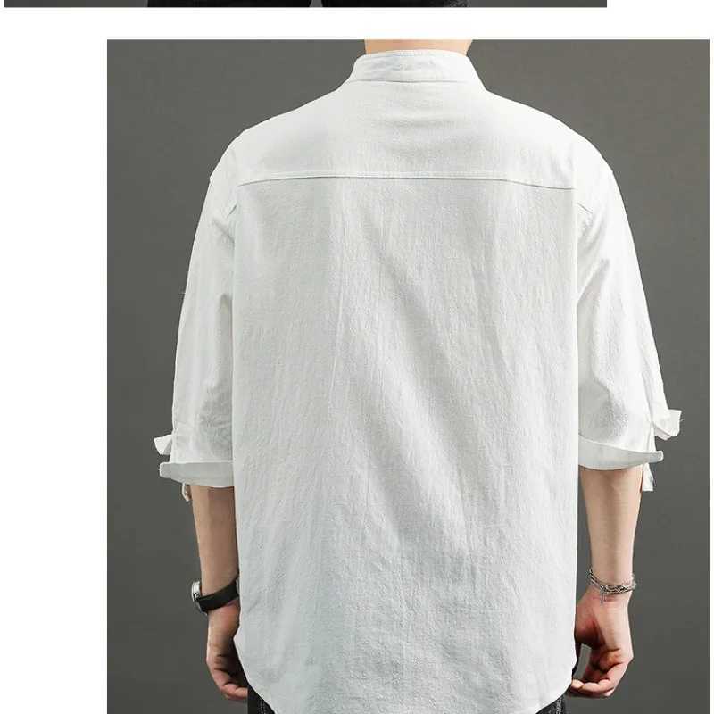 New Summer Linen Shirt for Men Seven-quarter Sleeve Loose Casual Stand Collar Cotton Linen Trendy Shirt M260305