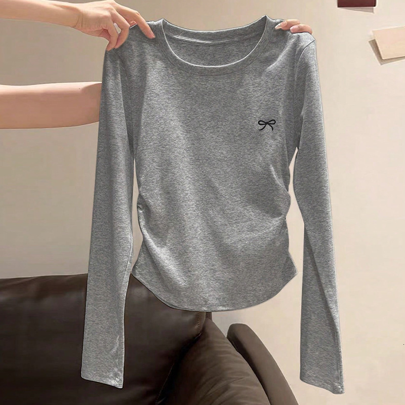 Women's Clothing Sring And Autumn Euroean And American Solid Color Long Sleeve Designer Shirt T-shirt Waist Polo Shirt Designer Hoodie Gathered Round Neck Pullover
