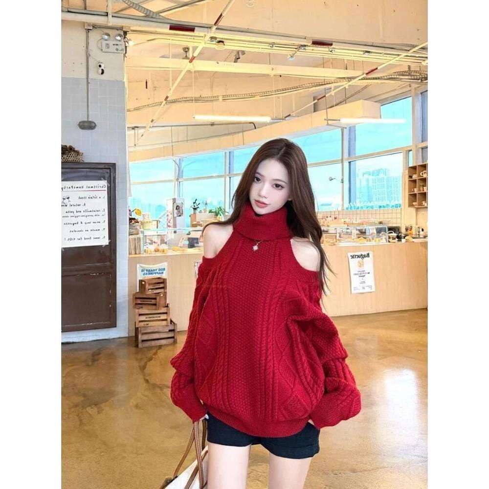 Autumn and Winter Fashion New Women's Elegant Knitted Sweater Loose, Warm, Thickened Design Sense High Neck Off Shoulder Hoodie XJ260305