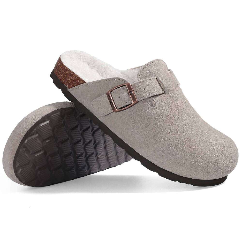 Kidmi Winter Suede Fashion Fuzzy Cork Clogs Shoes Casual Antiskid Fur Slippers With Arch Support Men Mules