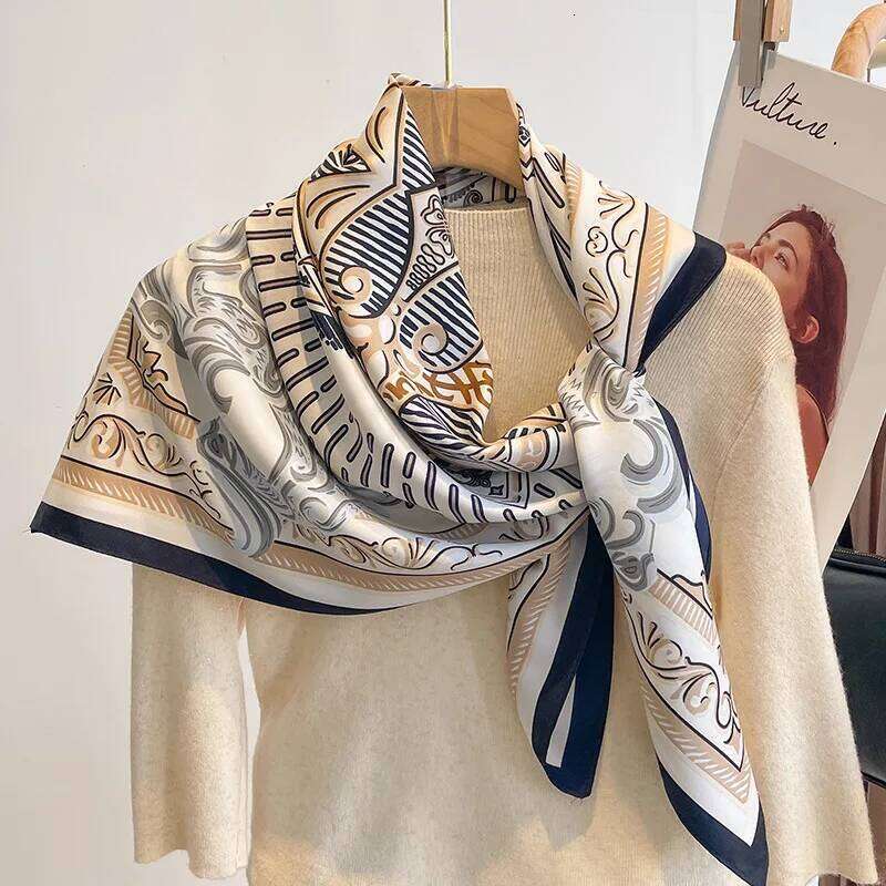 Temperament Navy Blue Beige Red Smooth Silk Large Scarf 90cm Versatile Square Shawl Spring and Autumn New Women 26L0305