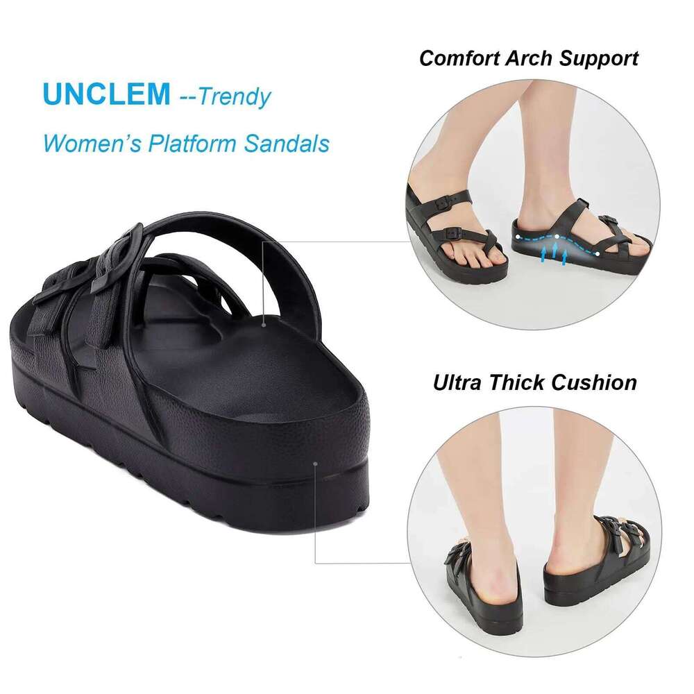Kidmi Men and Women Comfy Slide Double Adjustable Buckle EVA Flat Lightweight Thick Non Slip Sole Sandals
