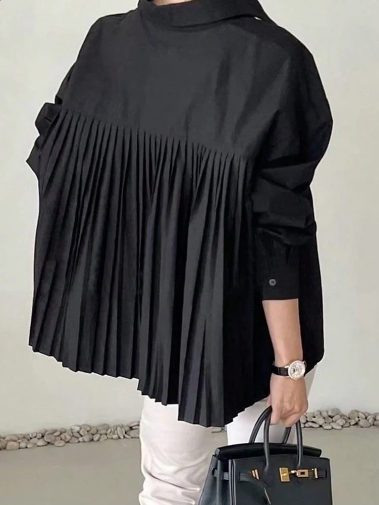Plus Size 2025 Spring and Summer Womens POLO Collar Pleated Casual Single Row Button Shirt Blouse Solid Color 260228
