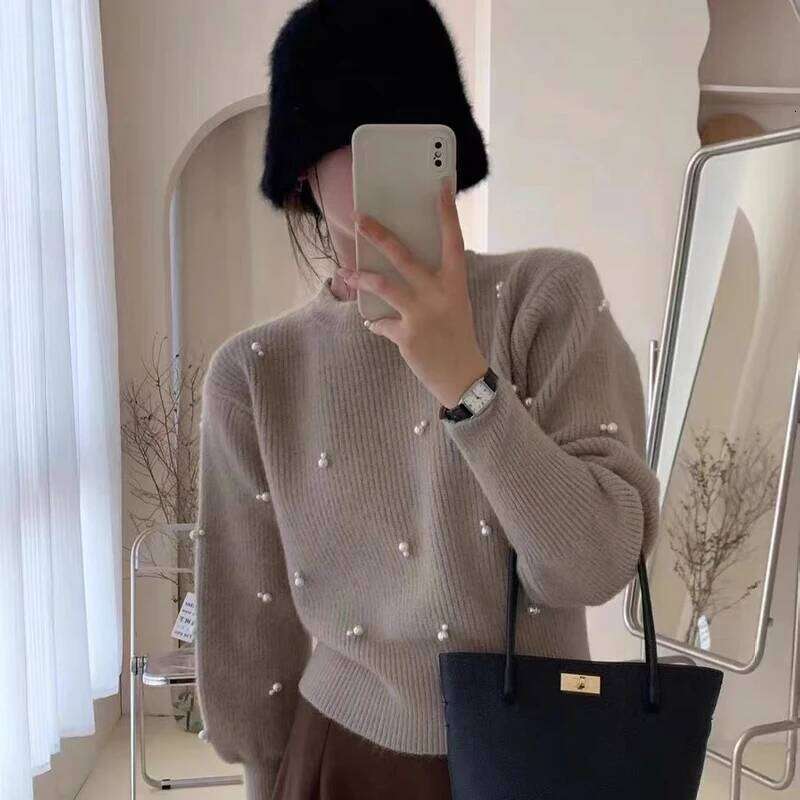 Autumn Winter French Gentle Round Neck Long Sleeve Beads Knitted Sweater For Women XJ260305