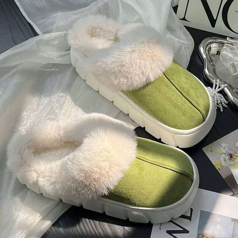 Women Indoor Fluffy Slippers Winter Warm Shoes Soft Faux Fur Thick Sole Light Weight Anti-slip Couples Home Floor Slipper