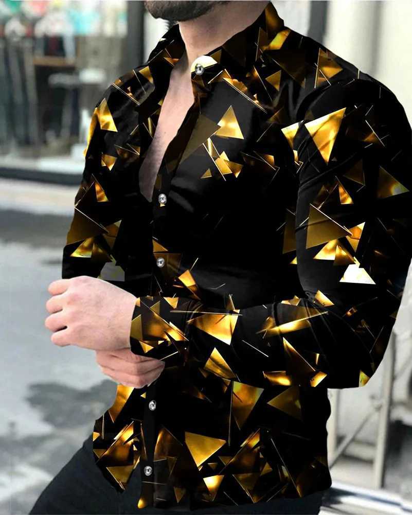 Comfortable 2024 New Mens Party Shirt Social Mens Shirt Lapel Button Shirt Casual Plaid Print Gold Long-sleeved Shirt M260305
