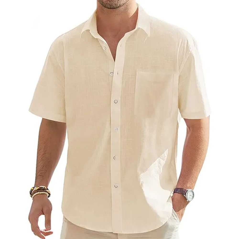 Mens Solid Color Cotton Linen Short Sleeve Shirts Vacation Beach Summer Tops with Pocket Casual Lightweight Button Shirts M260305