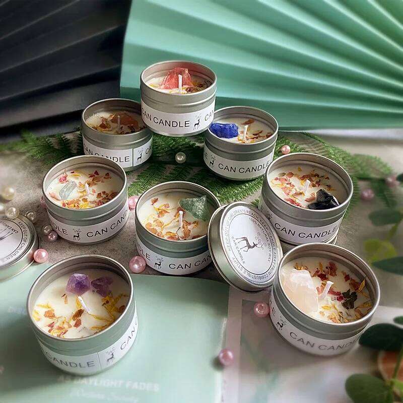 "Dried Flower Tin Candle Set Wedding Favors with Crystal Stone Aromatherapy - Soy Wax Scented Candles for Hotels & Events" W260304 W260305