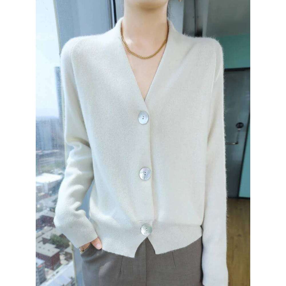 Women Sweater V-neck Cardigan Autumn Winter 30% Cashmere And 70% Merino Wool Knitwear Long Sleeve Soft Solid Grace Tops XJ260305