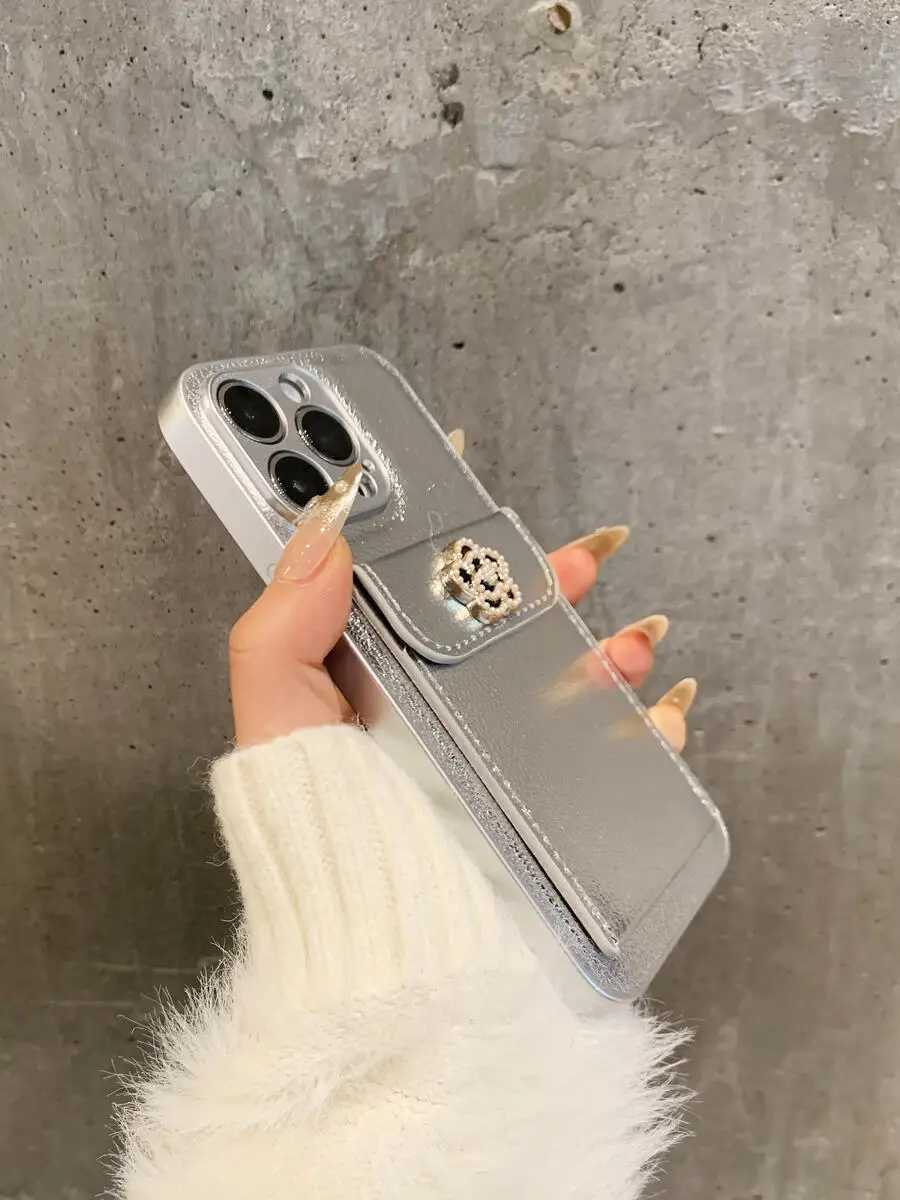 Luxury Metallic Silver Leather Card Holder Case with 3D Camellia For iPhone 16 15 14 13 12 11 Pro Max Plus | Premium Protective CoverT260305