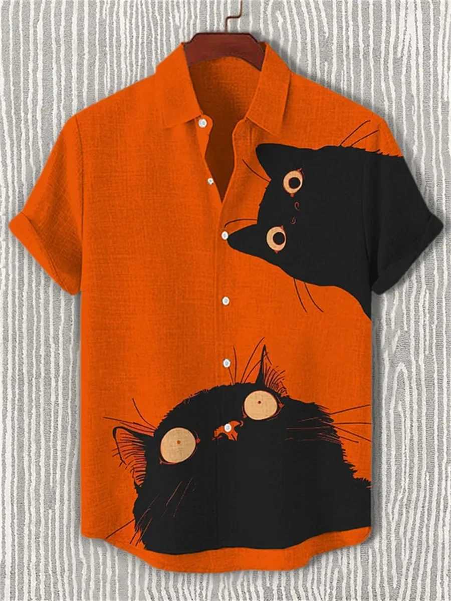 New mens short-sleeved shirt with cartoon cat print casual and breathable loose fit stylish outdoor Hawaiian shirt M260305