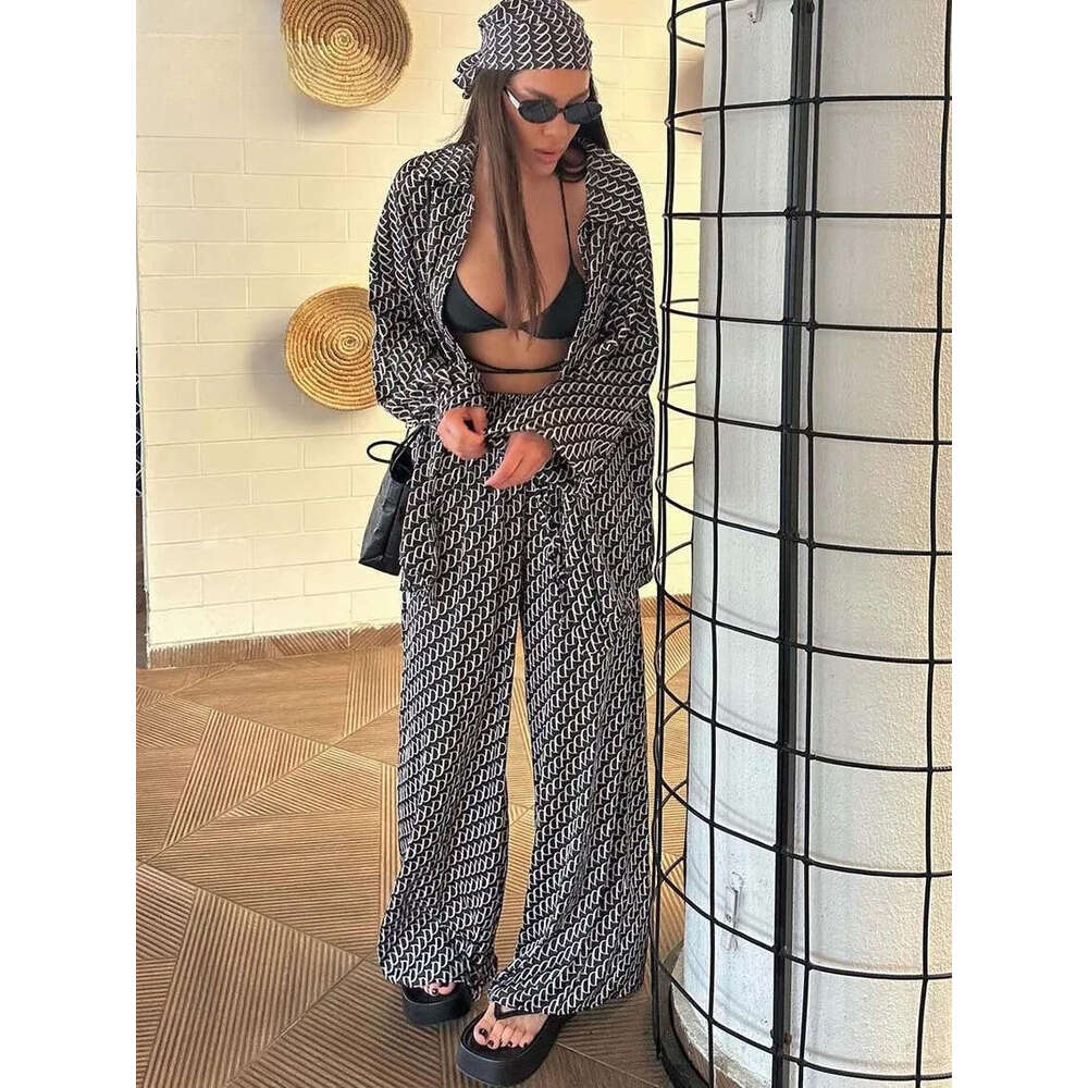 Oymimi Fashion Black Print Womens Piece Outfit Set Elegant Lapel Long Sleeve Shirts And High Waisted Lopse Straight Pants Sets MAKOUFEI