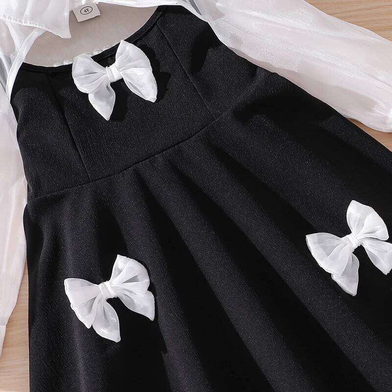 Elegant Semi-Sheer Long Sleeve Lapel Combo Dress for Girls Summer 4-7 Black Knee Length Skirt with Sweet Bow Detail Z260304