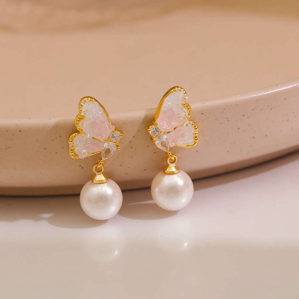 Sweet Fresh Forest-style Symmetrical Gradient Crystal Butterfly Earrings Pearl Earrings