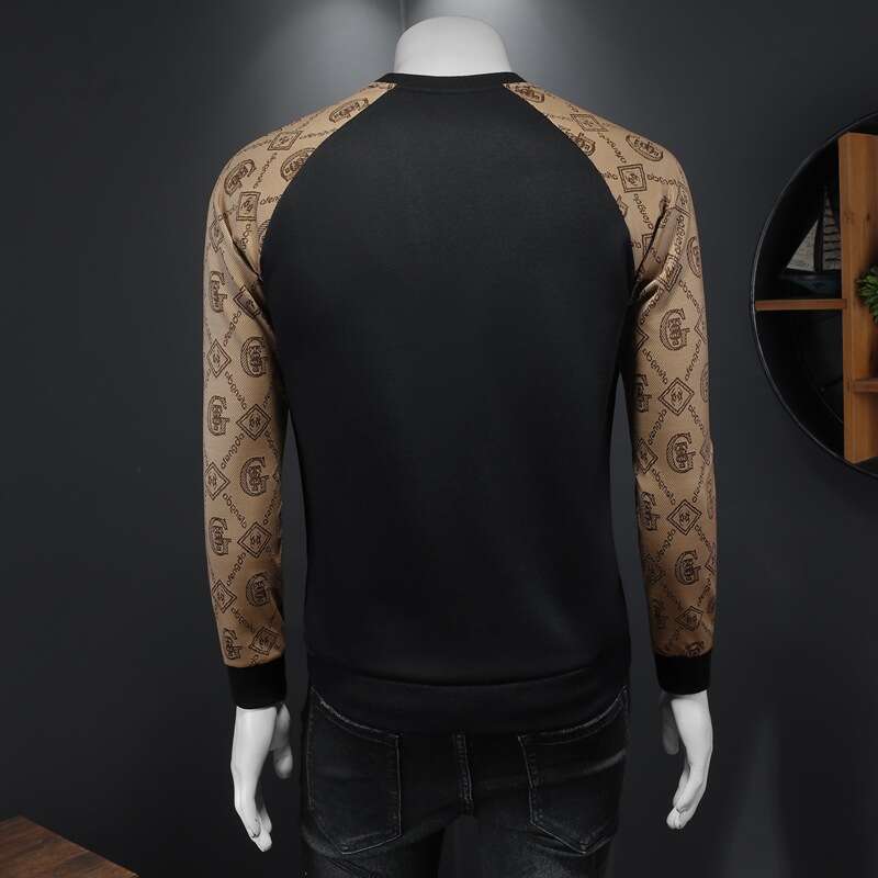 American European Autumn New Men's Round Neck Printed Sweatshirt Large Size High-End Luxury Patchwork Casual Base Shirt Trendy Luanyun