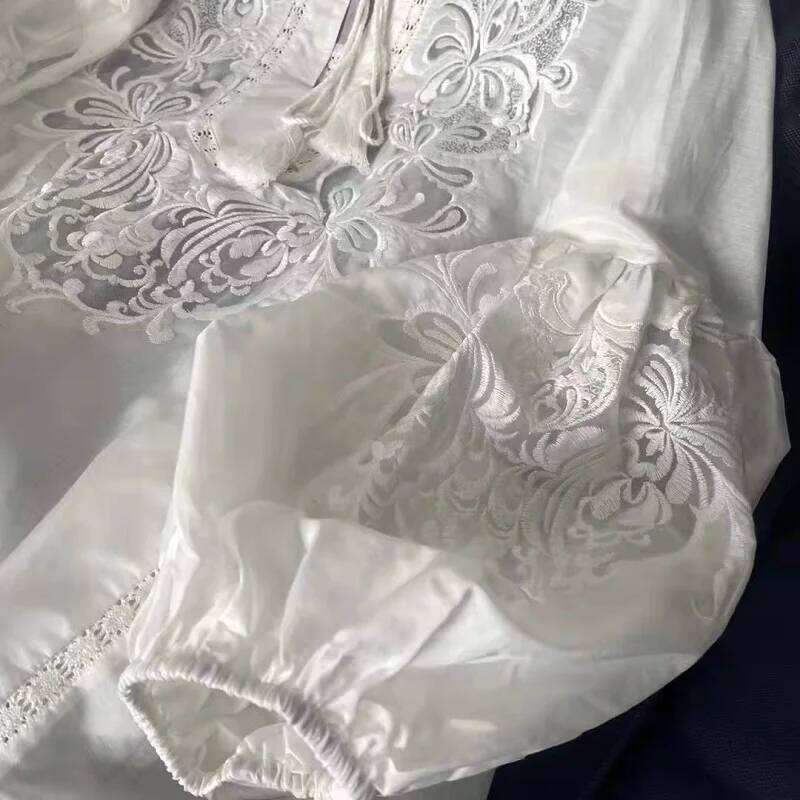 Mardi Hefxessdr Fashion Designer Blouses Spring Tops Women Lurex Embroidery Long Sleeve Casual Loose White Cotton Blouse Chinese style shirt women