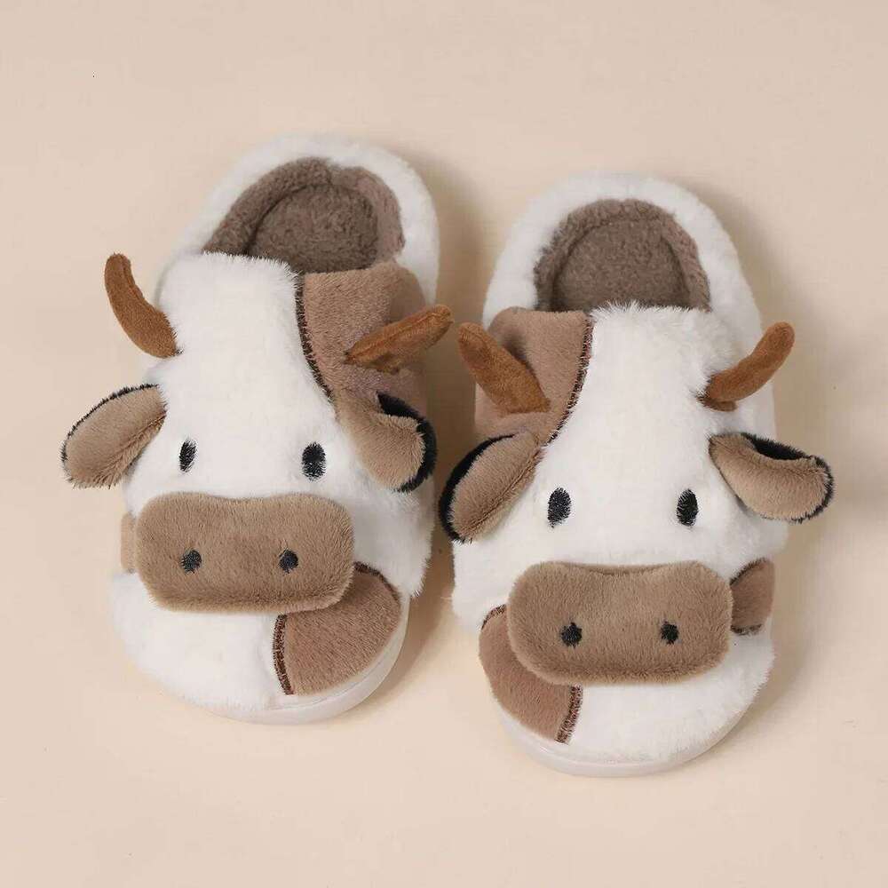 New 2025 Winter Unisex Cartoon Cow Warm Plush Slippers Couples Indoor Non-slip House Slides Men Women Home Floor Cotton Shoes