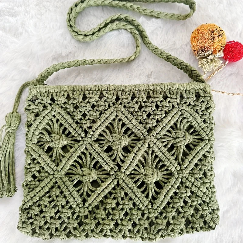 1pc Boho Chic Handwoven Shoulder Bag for WomenHandwoven Cotton with Zipper Tassel DetailsBeach Bagfor TravelCasual Outings 260303