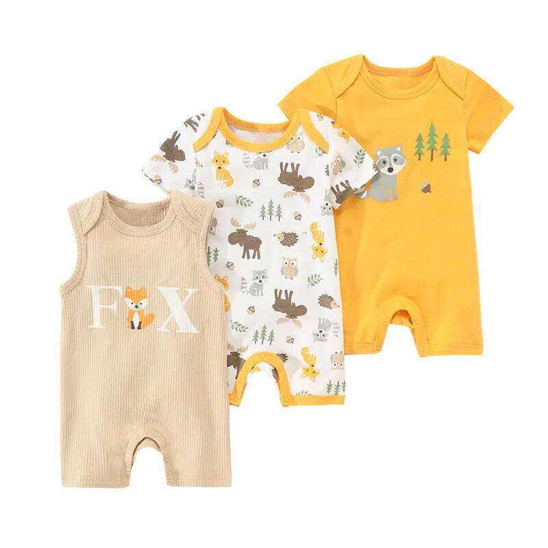 3Pcs/lot Baby Boy Bodysuit Short Sleeve Cotton Newborn Clothes Cartoon Summer Toddler Overalls Sets Z260304