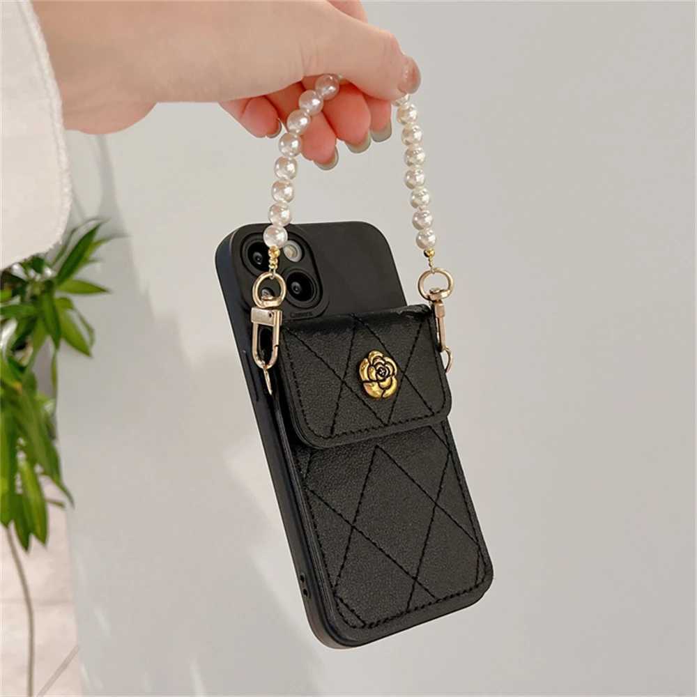 Korean Style 3D Camellia Quilted Card Bag Phone Case with Pearl Chain For iPhone 15 14 Pro Max 13 12 11 X XR 8 Plus | Shockproof Silicone CoverT260305