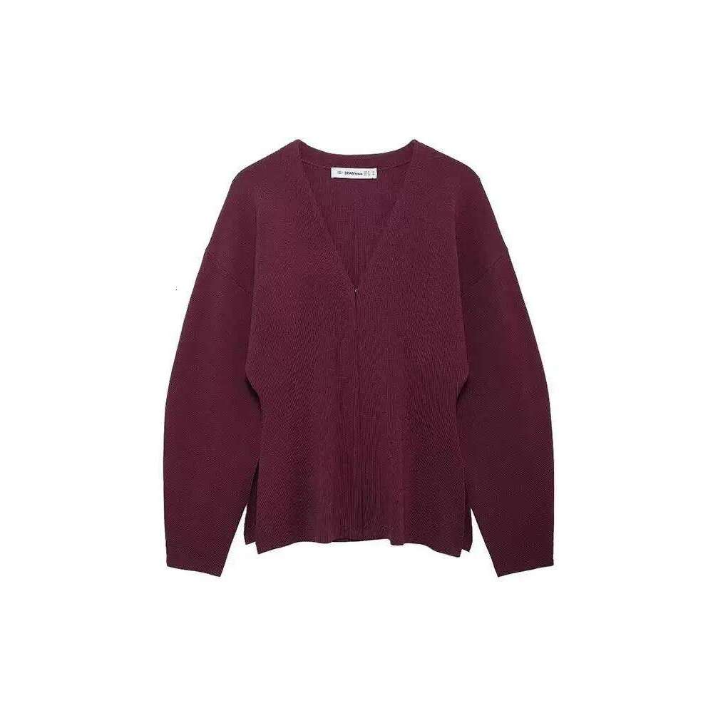 HH Women Elegant Knitted Coats Fashion Burgundy Red V-neck Slim Cardigan Autumn Office Lady Chic Solid Long Sleeve Outerwear XJ260305
