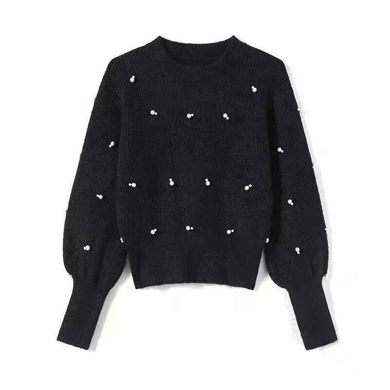 Autumn Winter French Gentle Round Neck Long Sleeve Beads Knitted Sweater For Women XJ260305