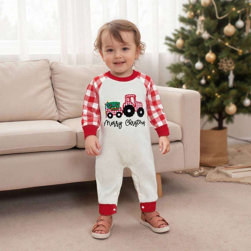 Baby Boys Romper Fashionable Christmas Tree and Letters Embroidery Plaid Long Sleeve Jumpsuit Z260304