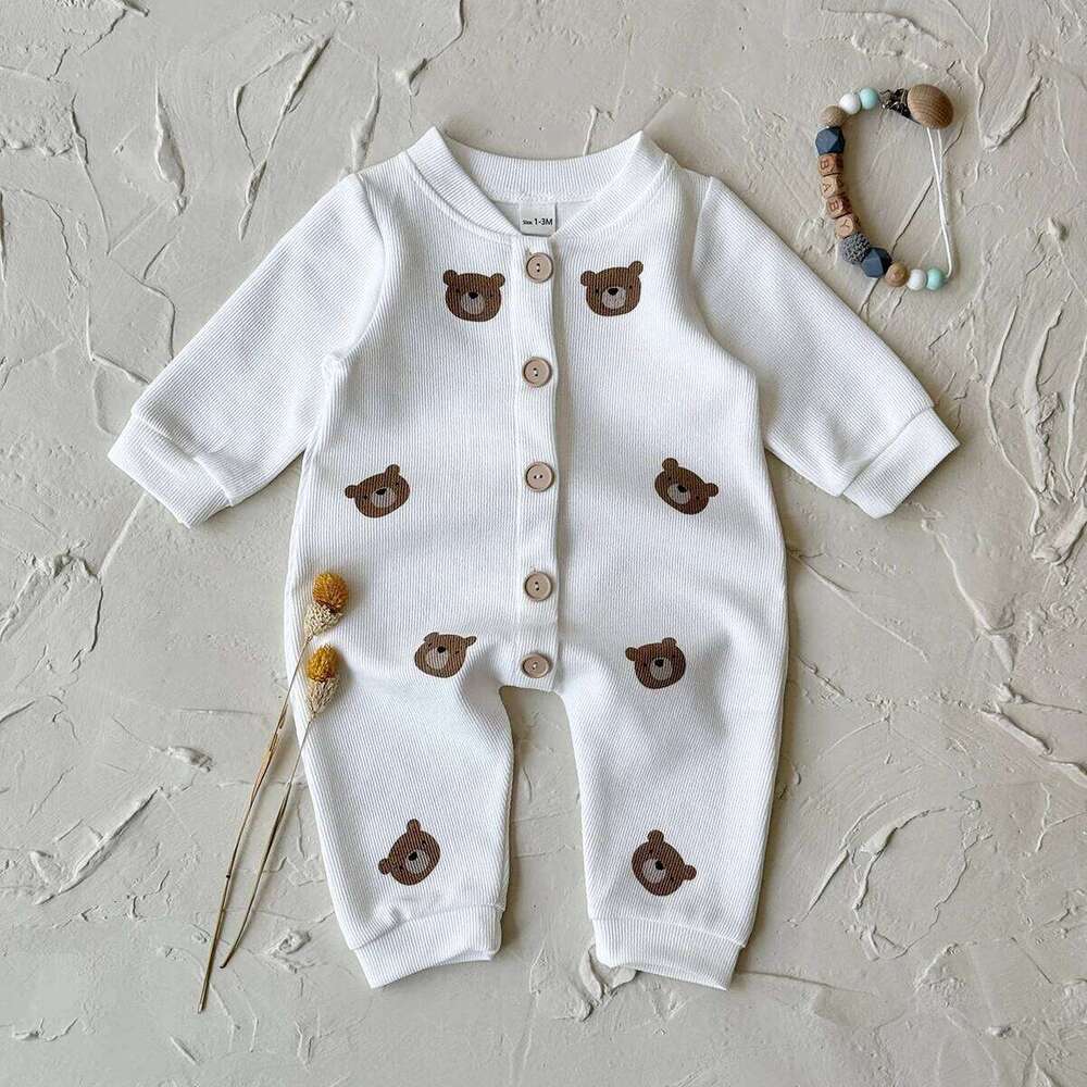 New White Bear Printed Long Sleeved Pants Cute Newborns Romper Autumn Baby Girls Jumpsuit Soft Z260304