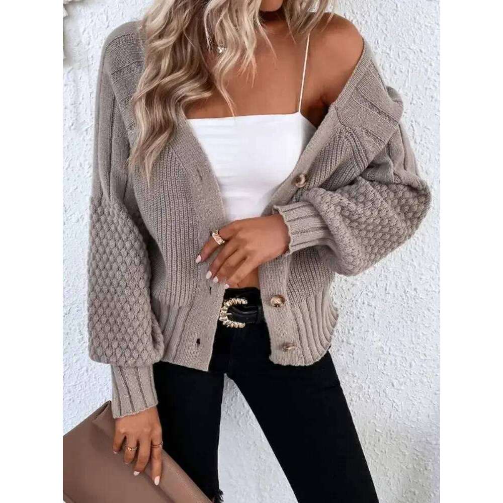 Women's autumn and winter V-neck solid color long sleeve texture knit cardigan button sweater coat XJ260305