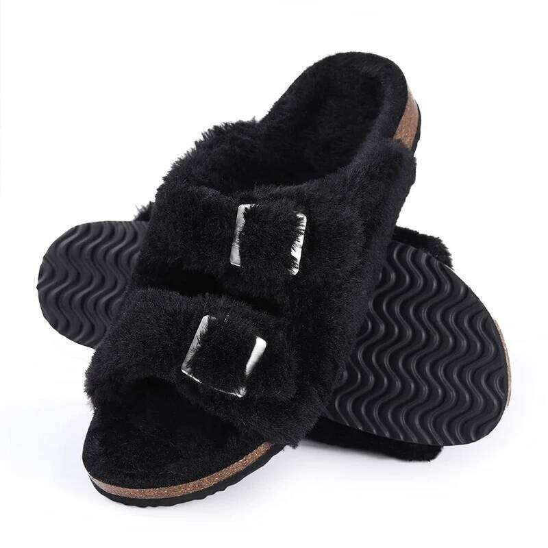 Kidmi Womens Fuzzy Slippers with Arch Support Adjustable Buckles New Fashion Cork Footbed Slides Open Toe Indoor Shoes for Women