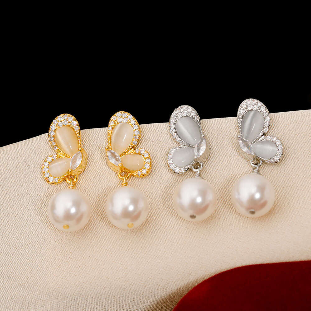 Cat's Eye Butterfly Pearl Earrings Silver Needle Women High-end Micro-inlaid Studs