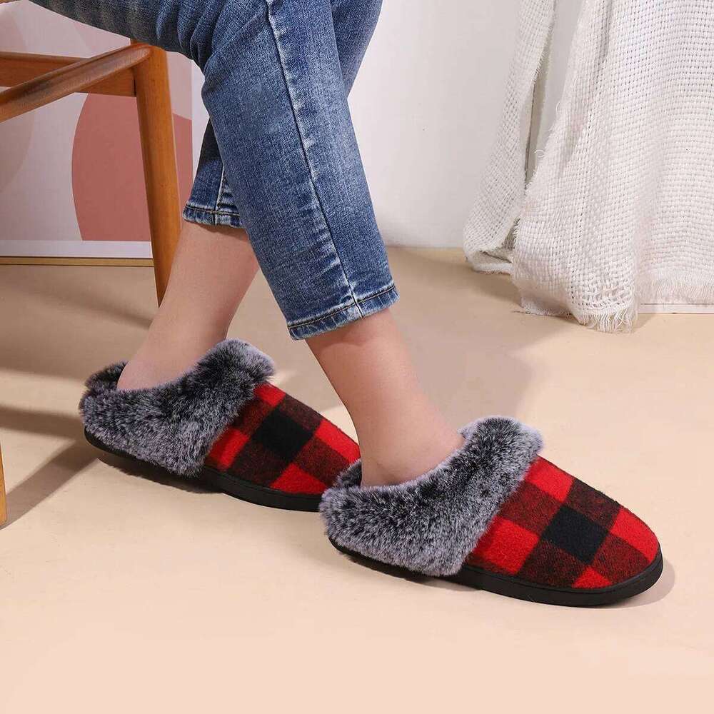 Kidmi Indoor Lattice Wool Comfortable Warm Fleece Winter Non-slip Thickened Home Cotton Slippers