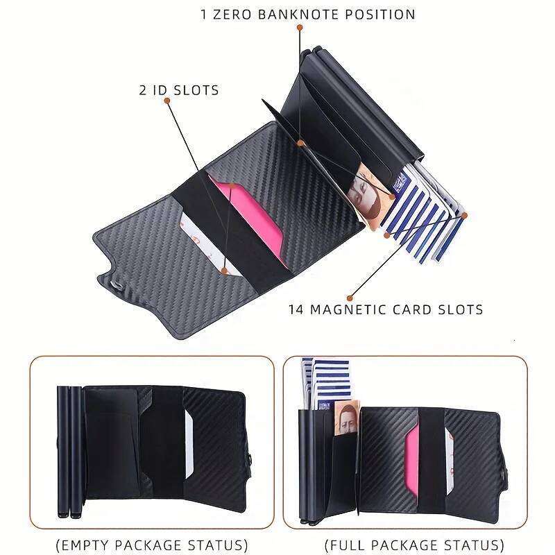 Rfid Aluminum Double Deck Buckle Men Holder Small Card Wallets Carbon fiber Leather Slim Mini Wallet Quality Male Purses C260304