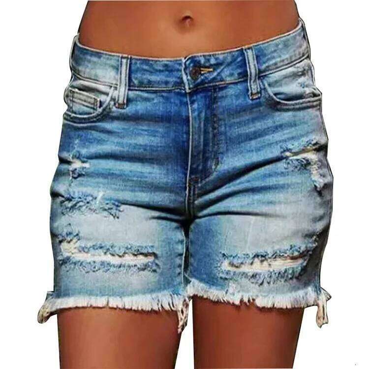 Denim Shorts Women Vintage Jeans Midi Waist Washed Distressed Pockets Short Pant Solid Spliced Casual Sporty 2025 Summer XJ260305