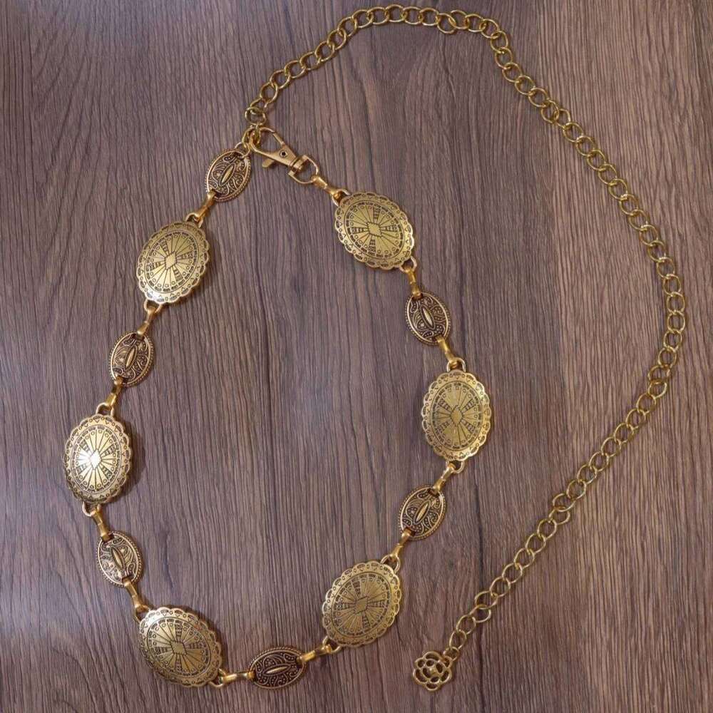 1 Pc Fashion Silver & Gold Hollow Boho Style Chain Belt, Adjustable Vintage Metal Inlay Waist Belt For Women Jewlery Accessories S260304