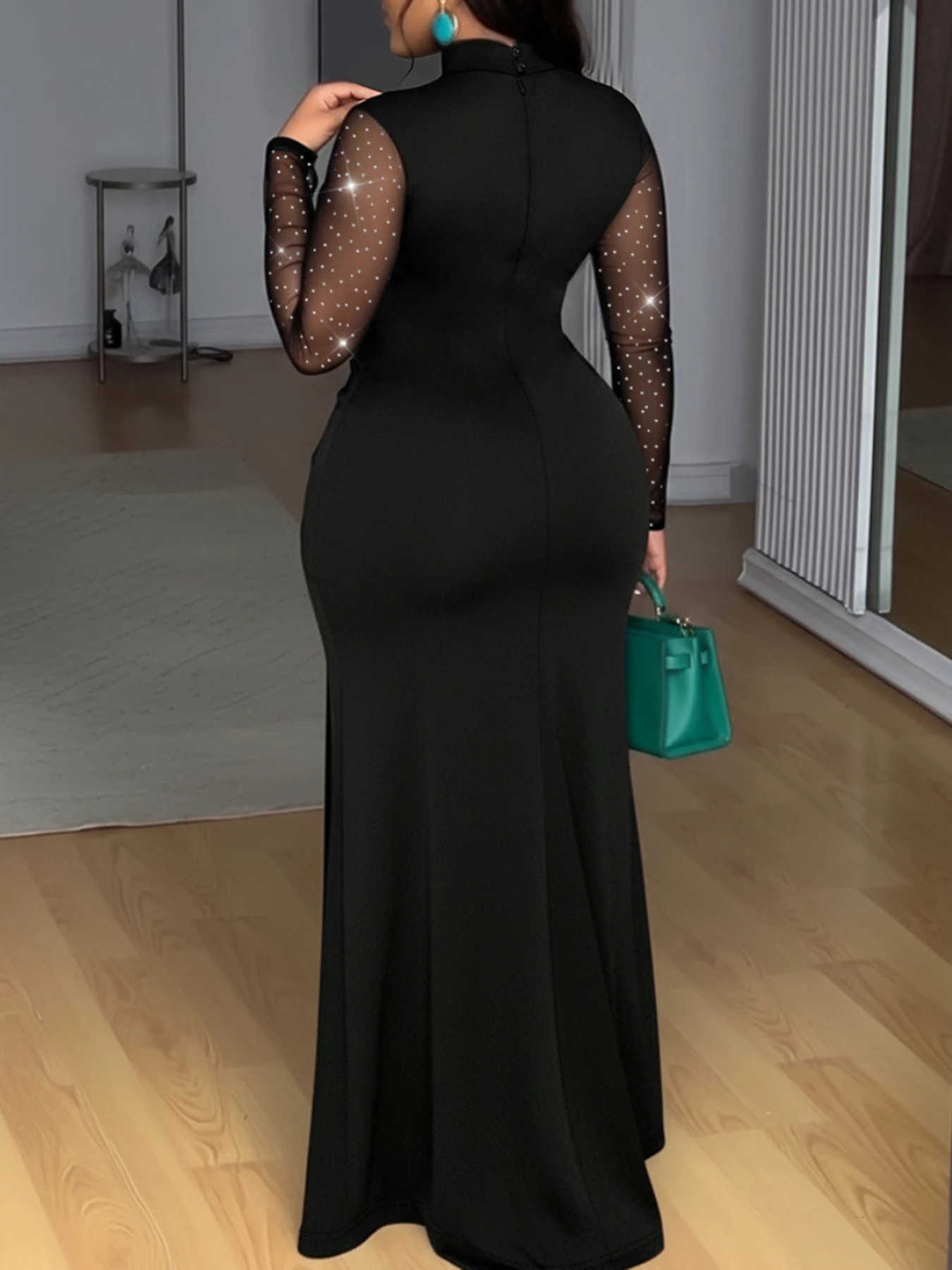 Women Mesh Patchwork Rhinestone Ruched Mermaid Maxi Dress Elegant Spring Summer Chic Cocktail Evening Figureflattering Gown 260302
