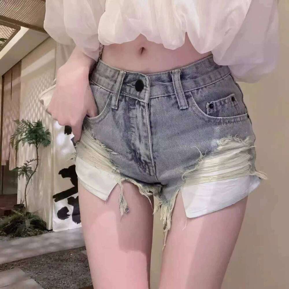 Sexy Worn Out Middle Waist Irregular Pocket Denim Short Front Long Beach Hot Pants Streetwear Loose Jean Shorts Women XJ260305