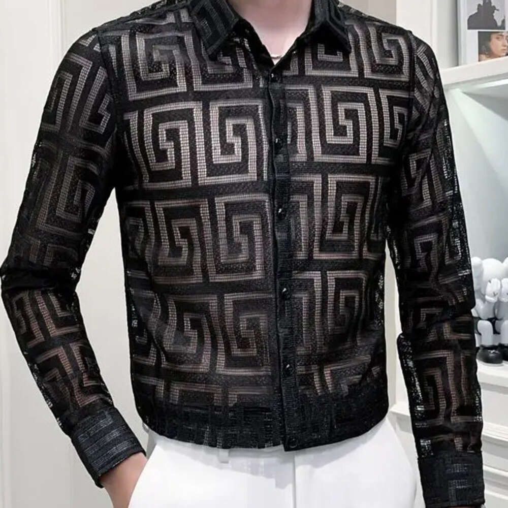 Men's Clothing Spring And Autumn Hollow Long-Sleeved Shirts Fashion Brand Handsome Lapel Printed Top