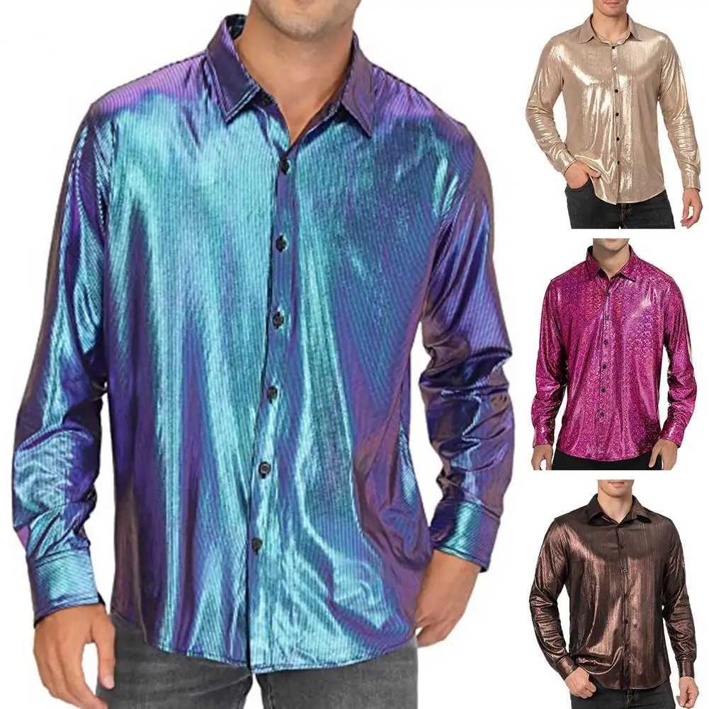 2025 Shirt Men Button Metallic Disco Shirt 70s Costume Men Gold Shirts For 70s Party Nightclub Wear Music Festival Mens Top M260305