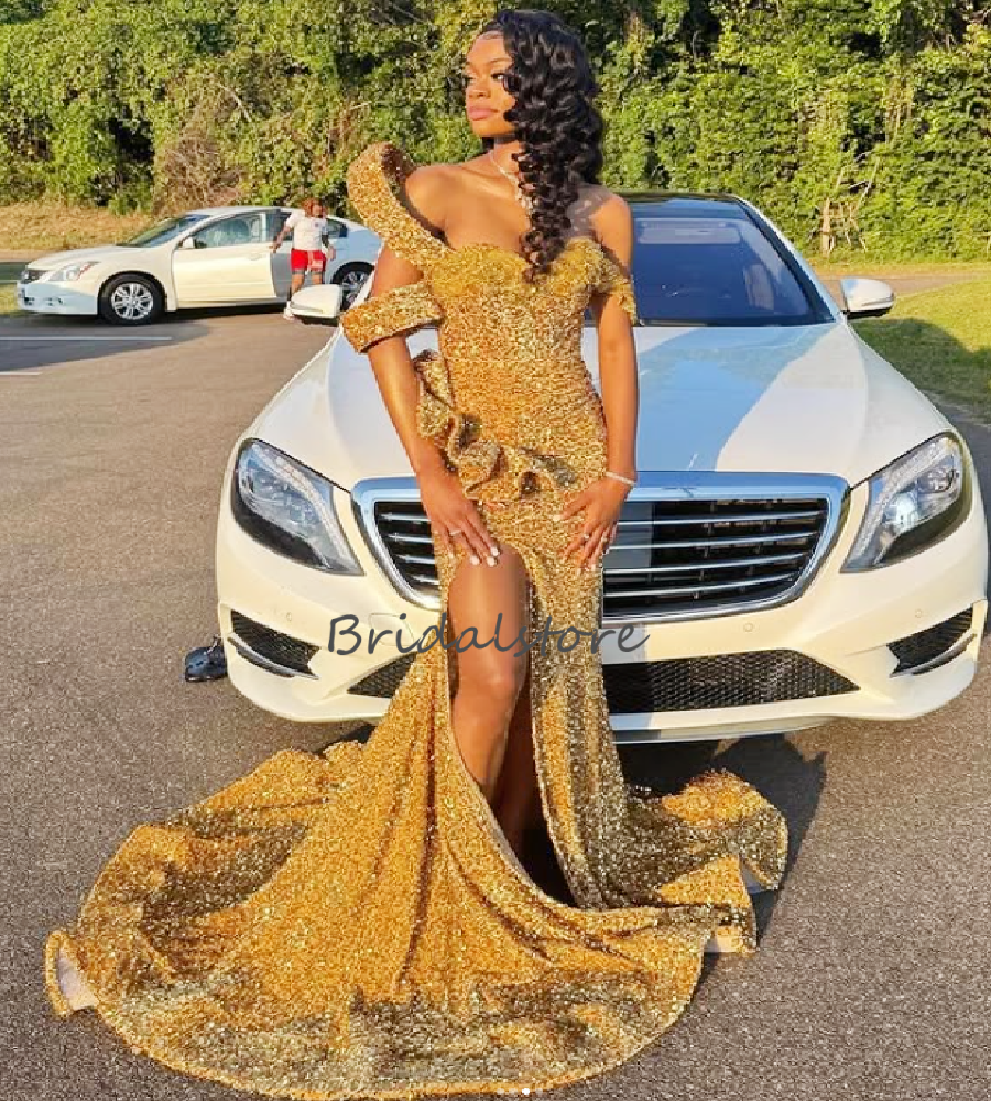 Unique Gold Mermaid Evening Dress Sparkly Sequin Slit Prom Dress 2026 Elegant Black Girls Formal Occasion Birthday Dress Luxury Nigeria Vestio De Noch