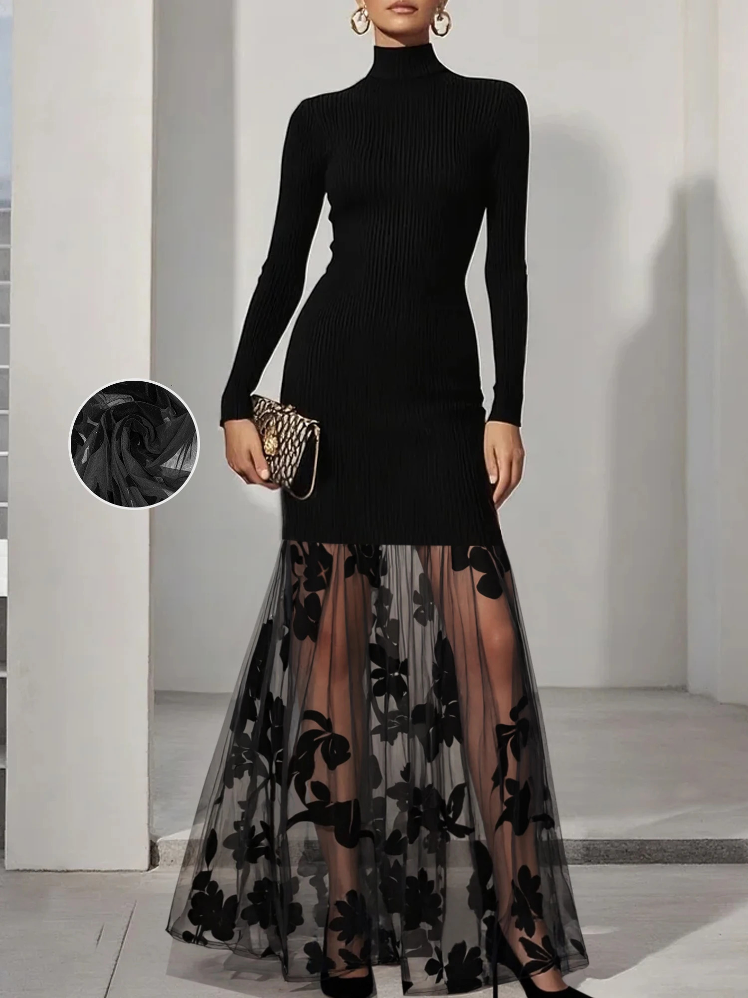 Elegant Long Sleeve Bodycon Dress with Sheer Tulle Overlay for Evening Party 260302