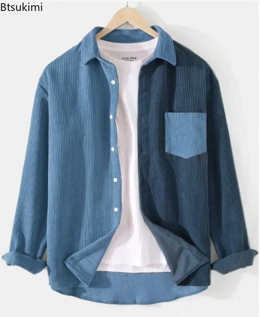 New 2026 Mens Patchwork Corduroy Long Sleeve Shirt Spring Autumn Casual Contrast Color Harajuku Shirt Men Ropa Hombre Camisa M260305