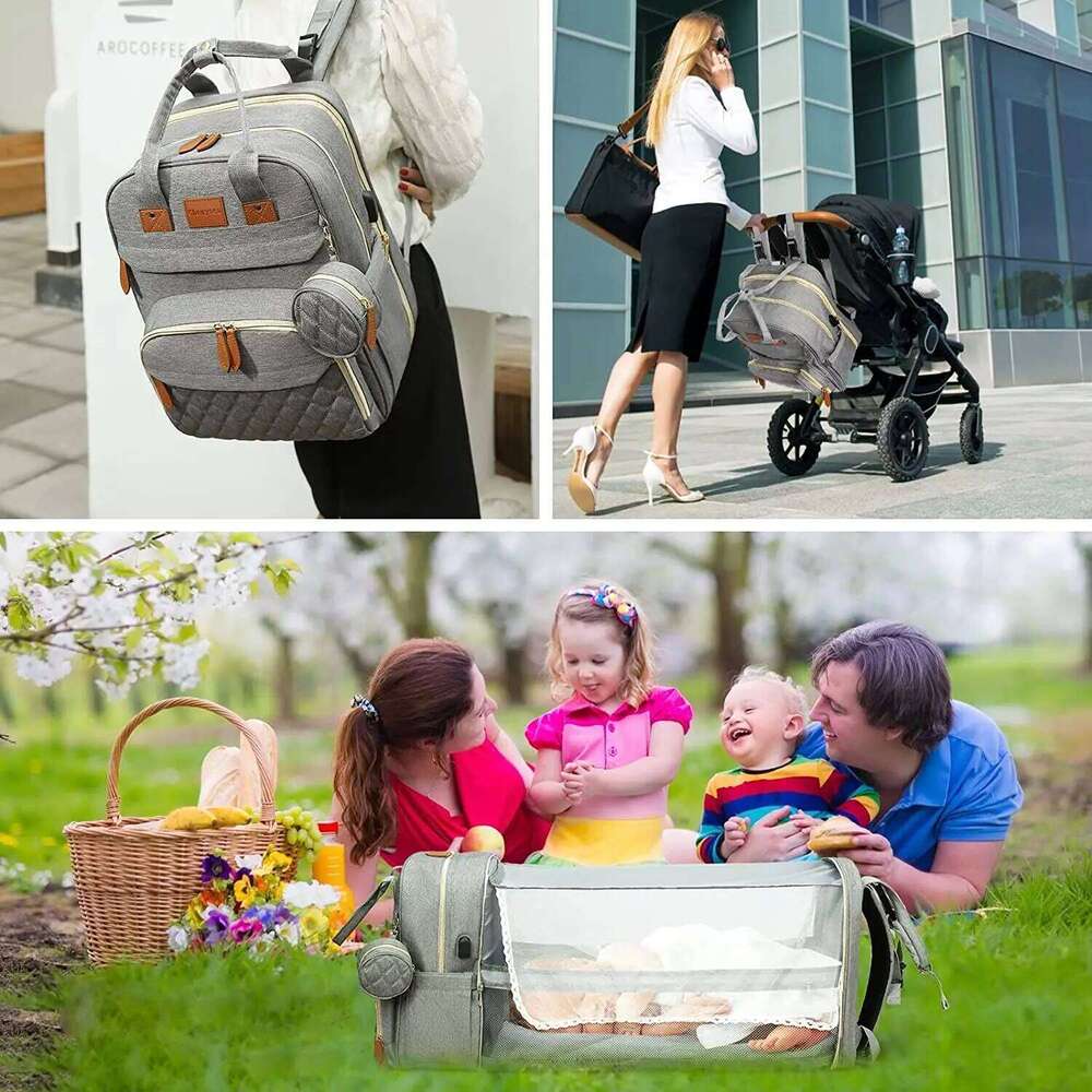 In 1 Foldable Baby Waterproof Travel USB Charge Diaper Bag Backpack with Changing Bed 3 types Z260304