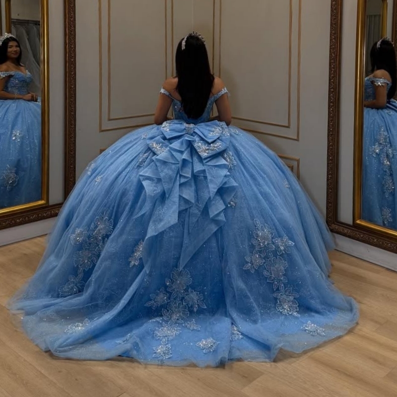 Blue Shiny Quinceanera Dresses Ball Gown Off The Shoulder Applique Flower Beading Crystal Bow Tull Corset Party Birthday Sweet 16 Dress Vestidos 15 De